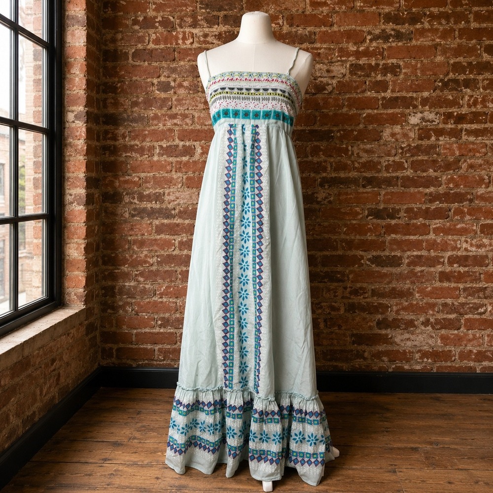 Cotton Silk Blend Embroidered Boho Maxi Dress Vacation Beach Costal Southwestern
